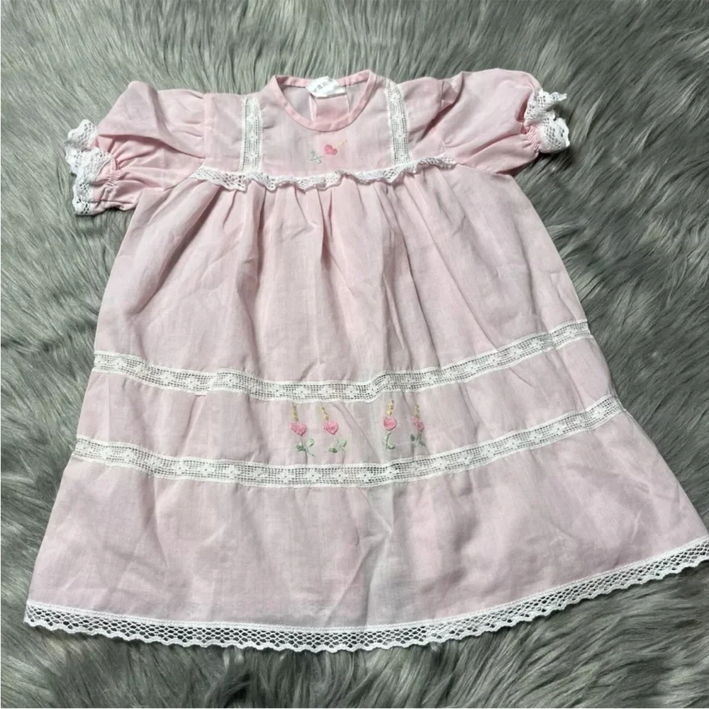 Vintage I Magnin Baby Girls Pink White Lace Ruffle Dress